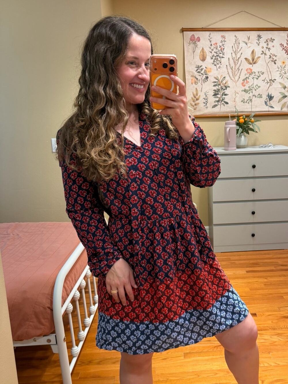 GAP Floral Tiered Long-Sleeve Dress in Navy with Red and Blue Floral Panels 10T